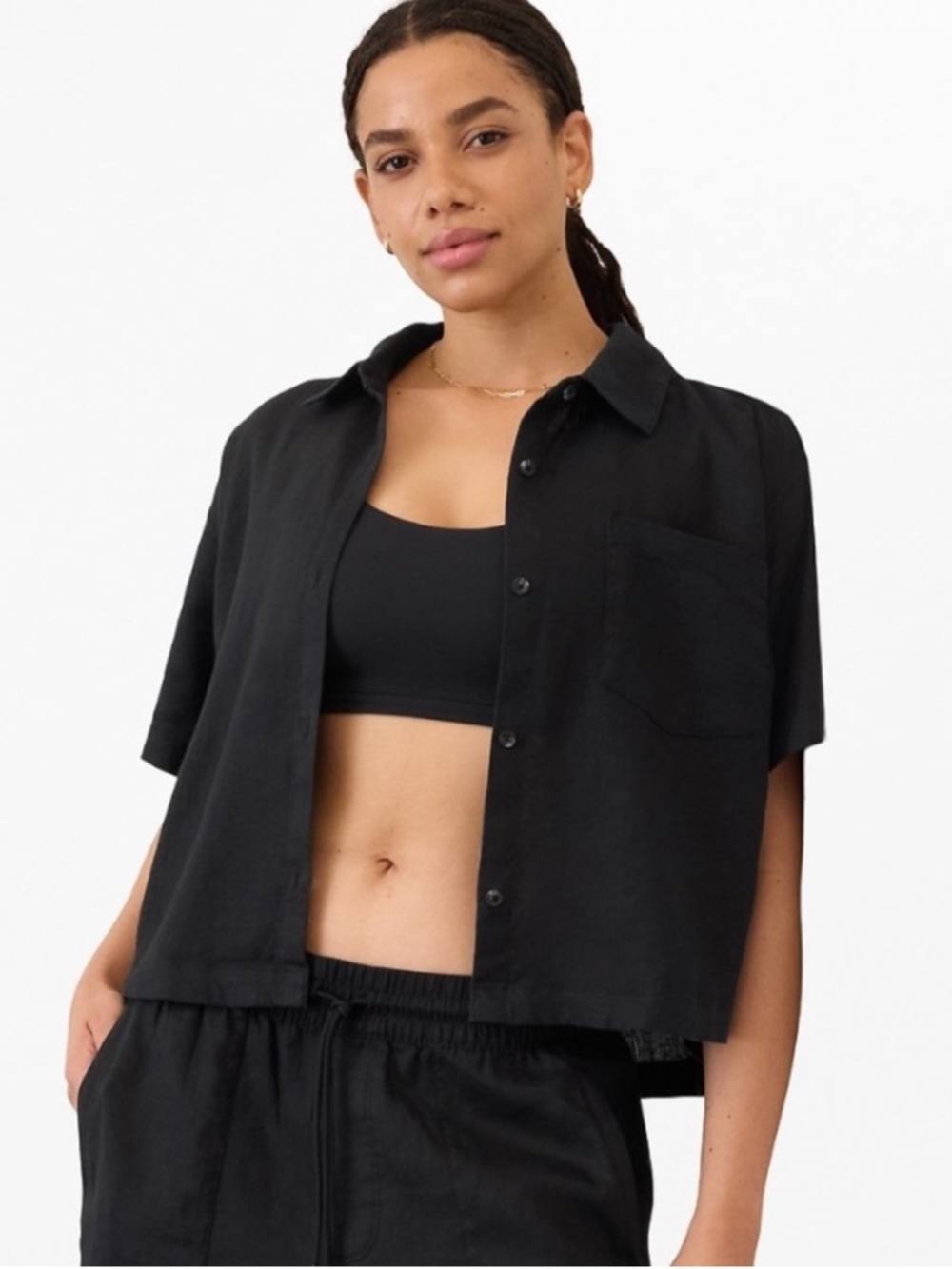 Like New! Athleta Retreat Short Sleeve Linen Button Down shirt Sz medium black